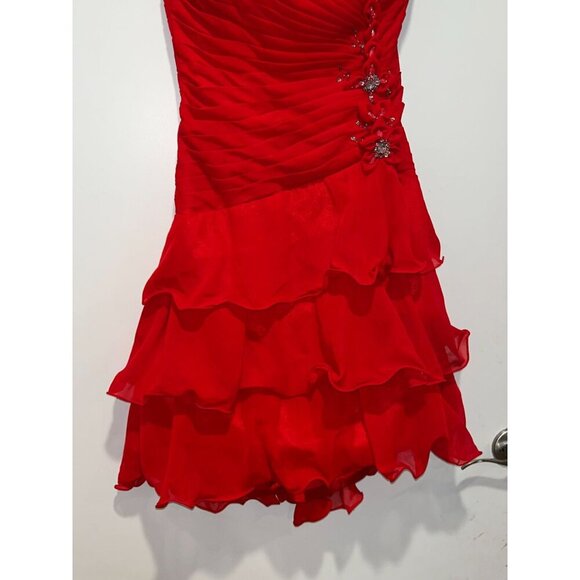 JJ'S House Red Strapless Ruffled Floral Rhinestone Accents Women's Mini Dress Si - Picture 5 of 9